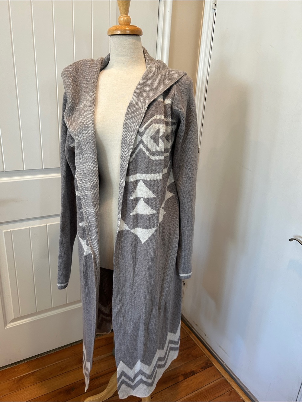 lovestitch Gray and White Hooded Tribal Long Cardigan